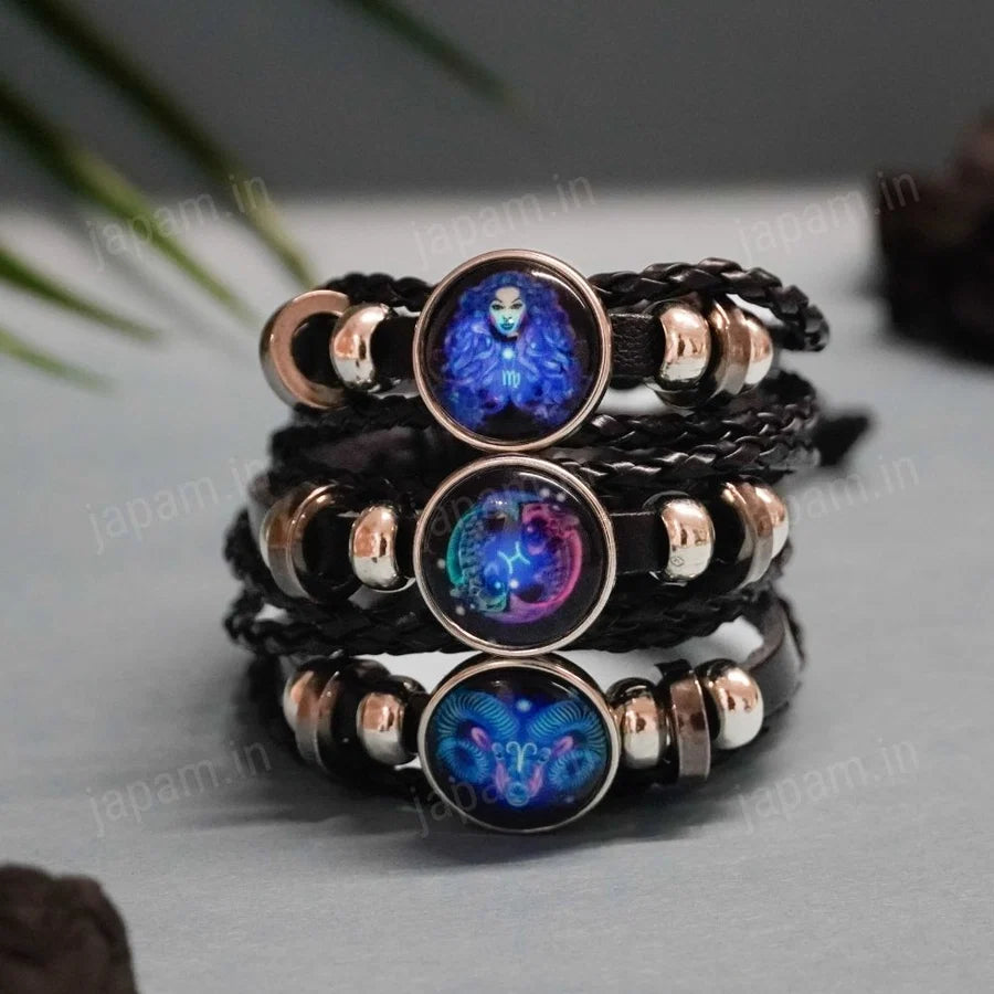 Zodiac Sign Black Leather Bracelet for Men & Women