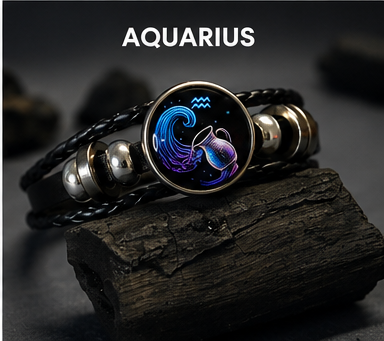 Zodiac Sign Black Leather Bracelet for Men & Women