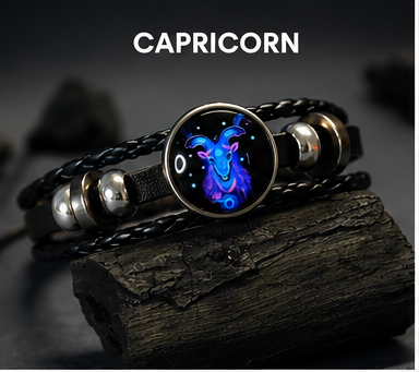 Zodiac Sign Black Leather Bracelet for Men & Women