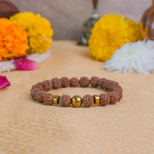 Natural Rudraksha Bead Bracelet with Gold-Tone Accents