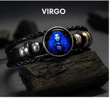 Zodiac Sign Black Leather Bracelet for Men & Women