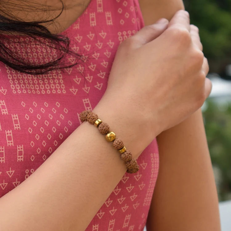 Natural Rudraksha Bead Bracelet with Gold-Tone Accents
